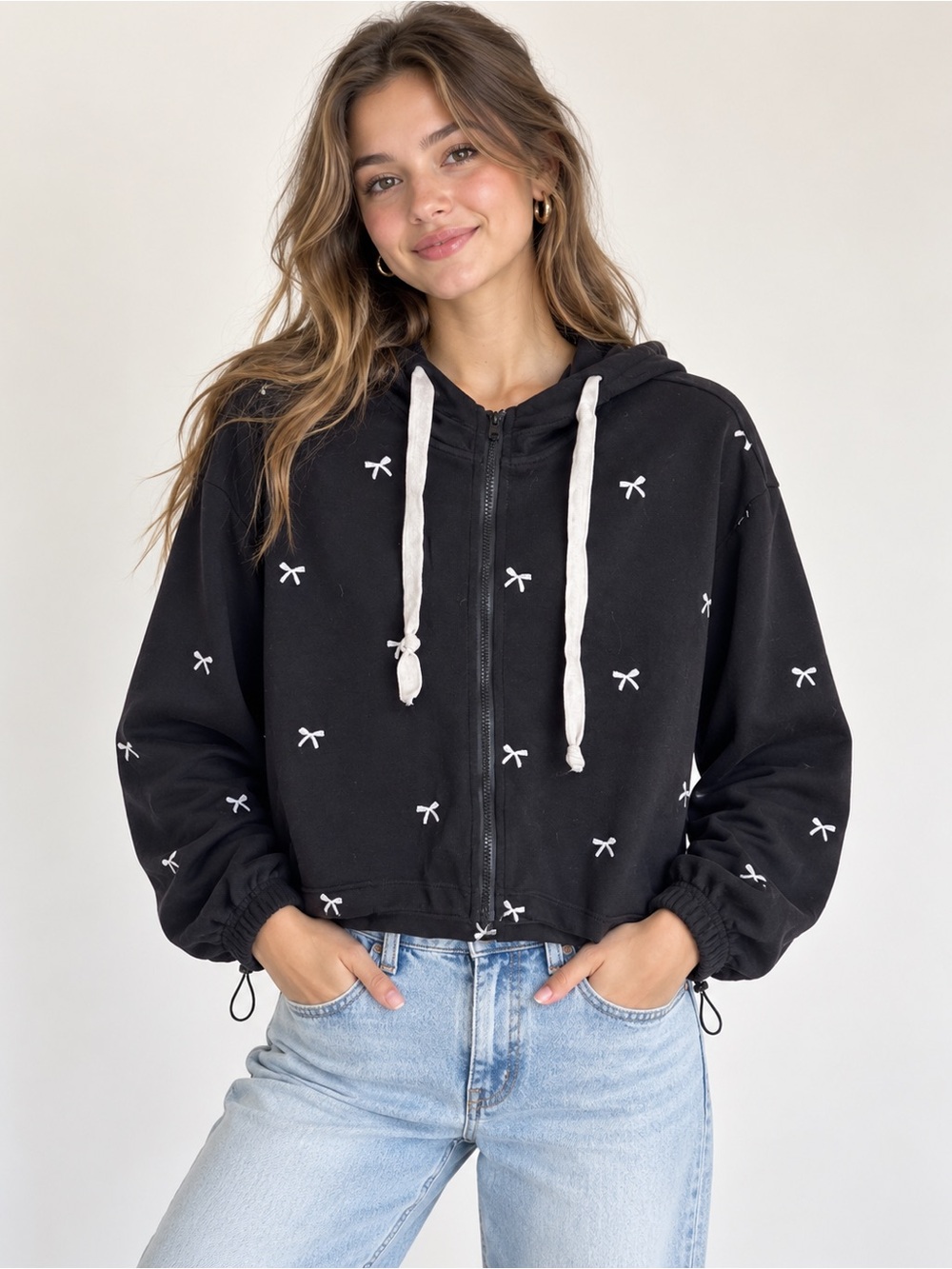 Davie & Dani Black Bow Print Zip Hoodie Small